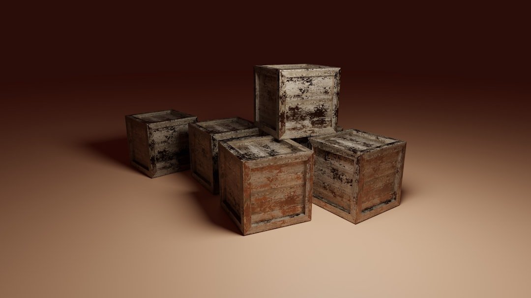 A pile of old and worn wooden creates, built and rendered in Blender.
