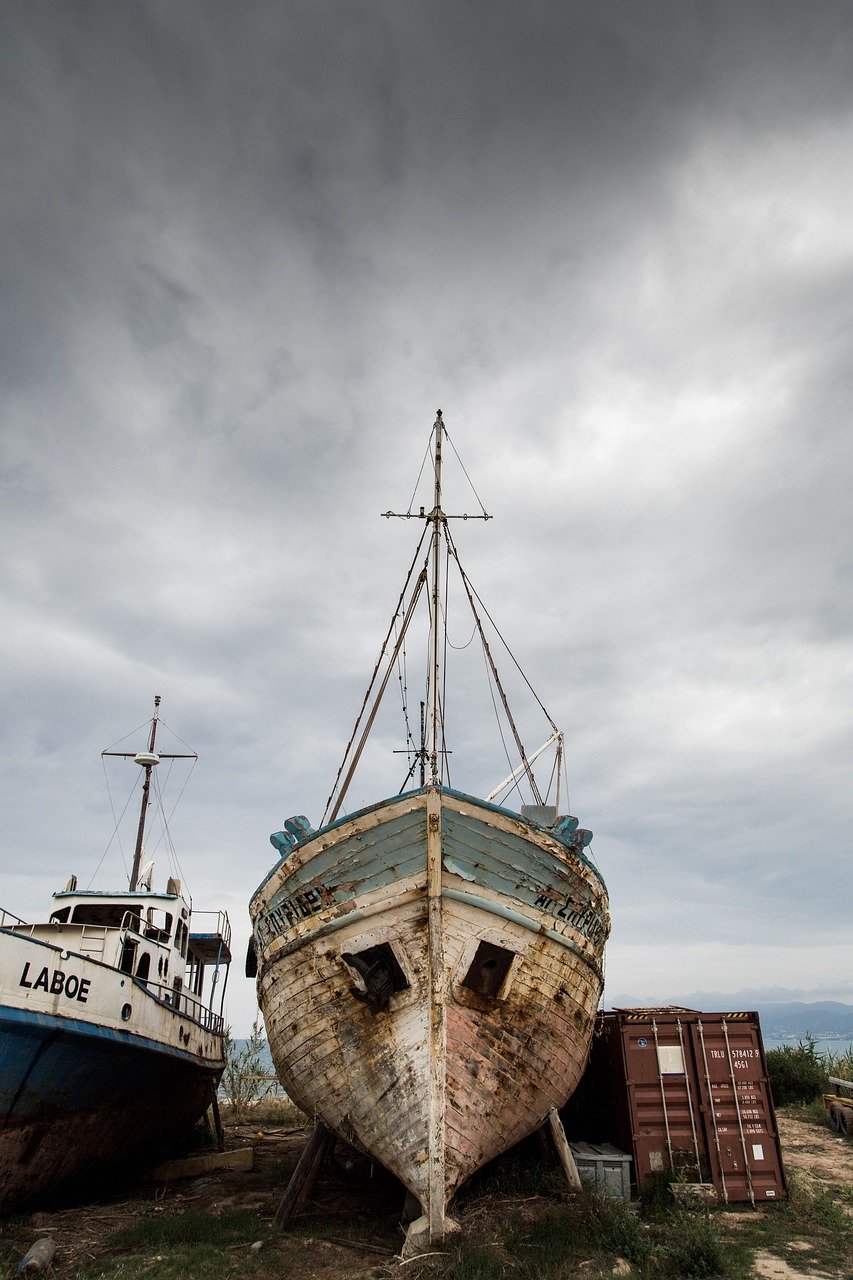 nature, coast, shore, sky, clouds, ships, boats, wreck, crates